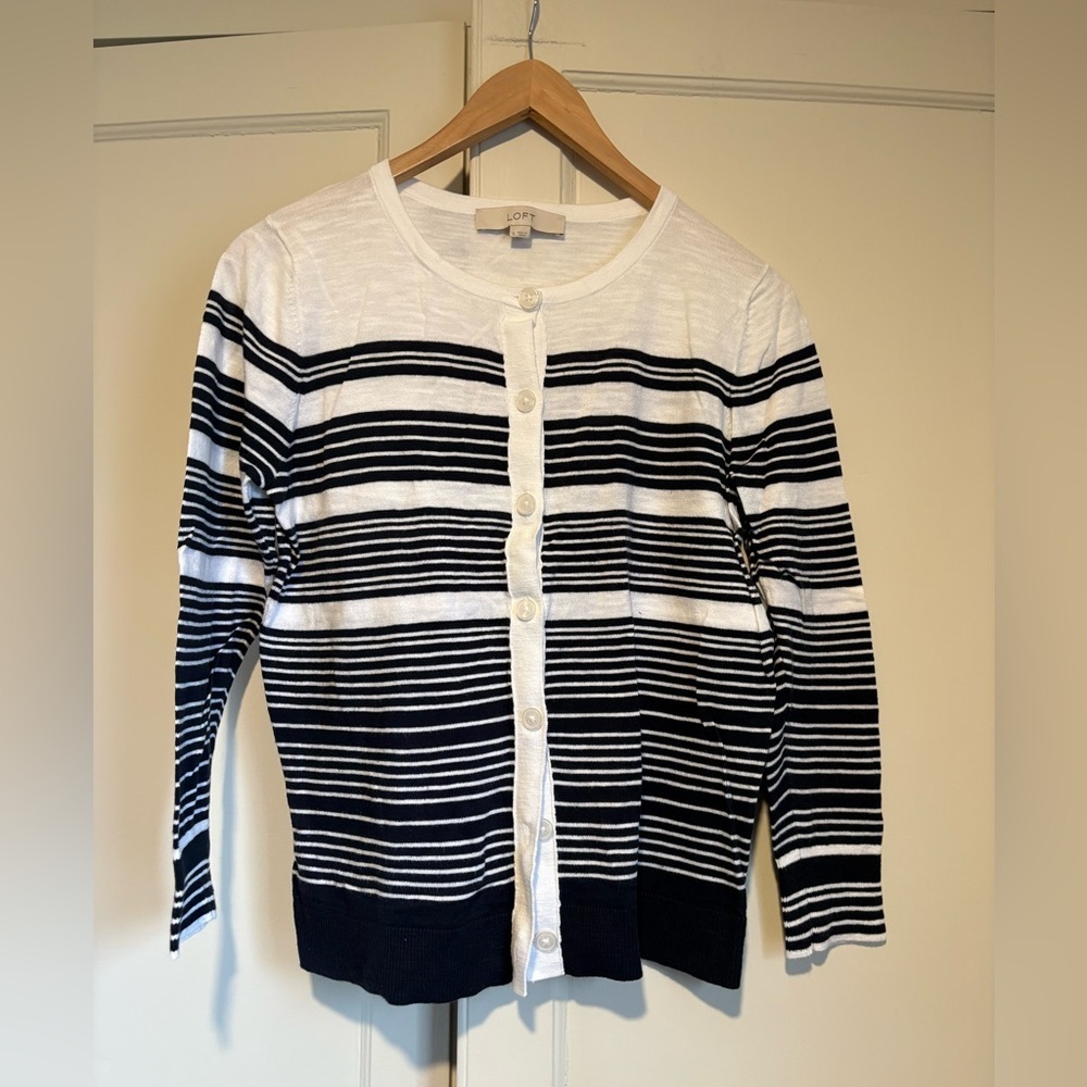 Loft Navy & White Cotton Striped Lightweight Cardigan